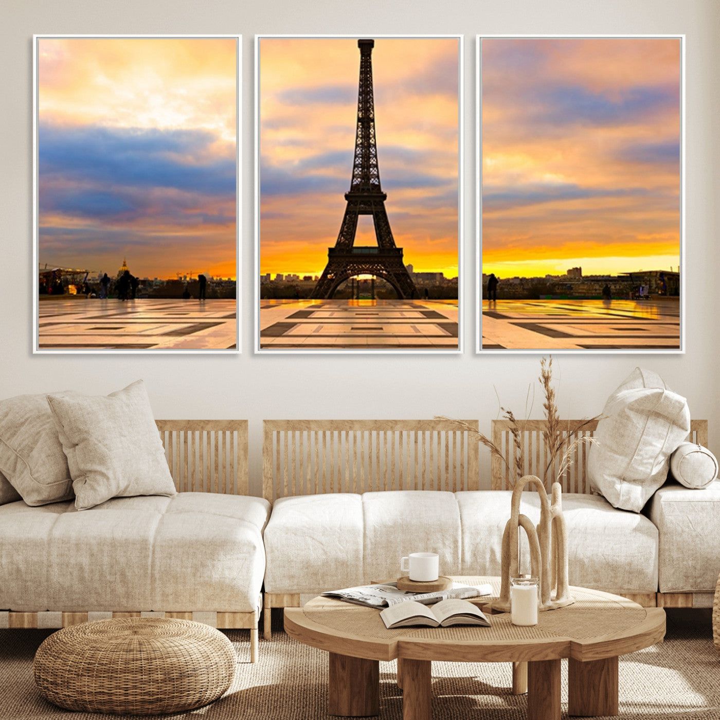 MGV-FC-60X30-3P - Paris Eiffel Tower Sunset Canvas Wall Art Print - Iconic Landmark Decor with Vibrant Colors