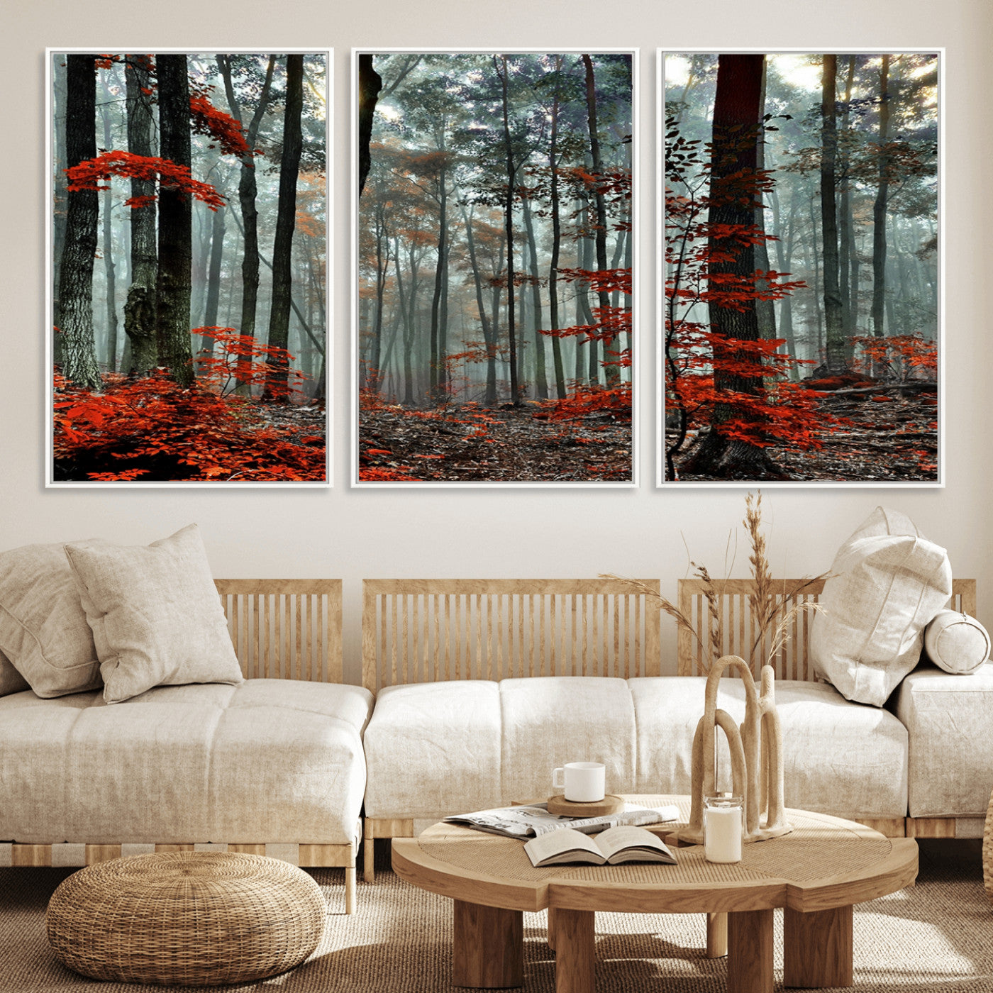 59209-MGV-CV-36X24-Autumn Forest Canvas Wall Art – Enchanting Red Leaves Triptych Print – Nature-Inspired Decor for Living Room or Office – Ready to Hang
