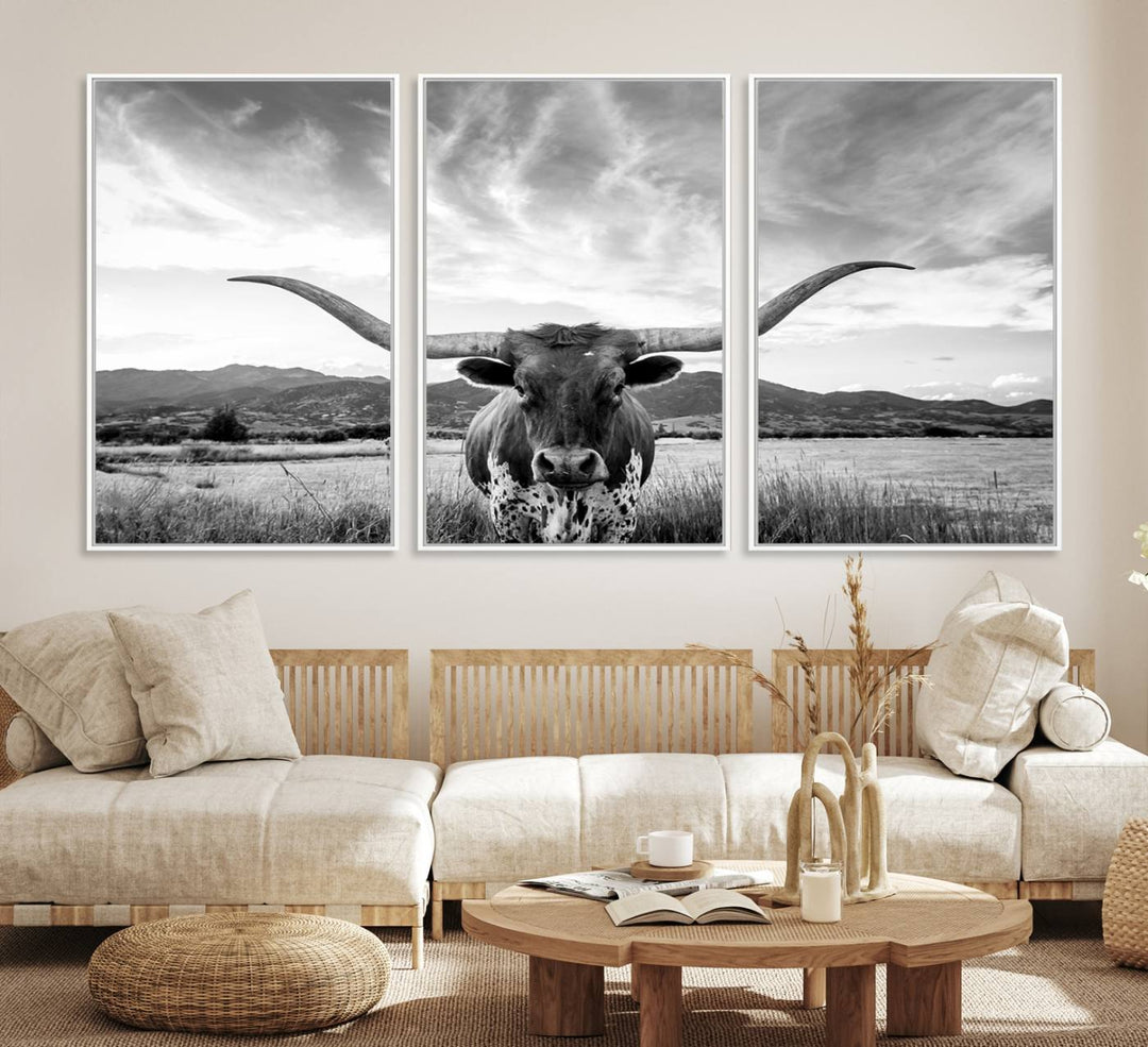 Longhorn Cow Wall Art Canvas Print Farmhouse Wall Art - Texas Longhorn Wall Art Print