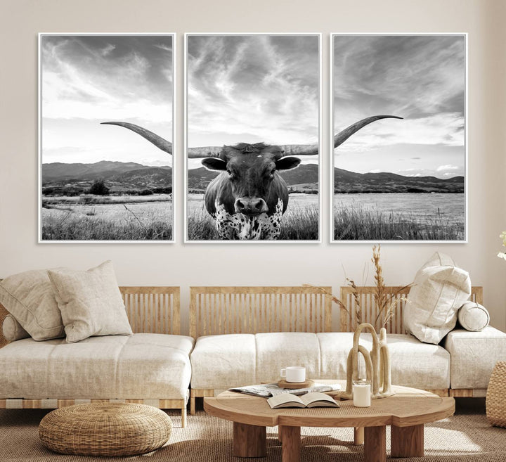 Modern living room featuring Longhorn Cow Wall Art Canvas Print.