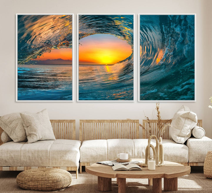 The Ocean Wave Sunset Wall Art canvas print features a vibrant ocean wave at sunset, forming a tunnel with silhouetted mountains.