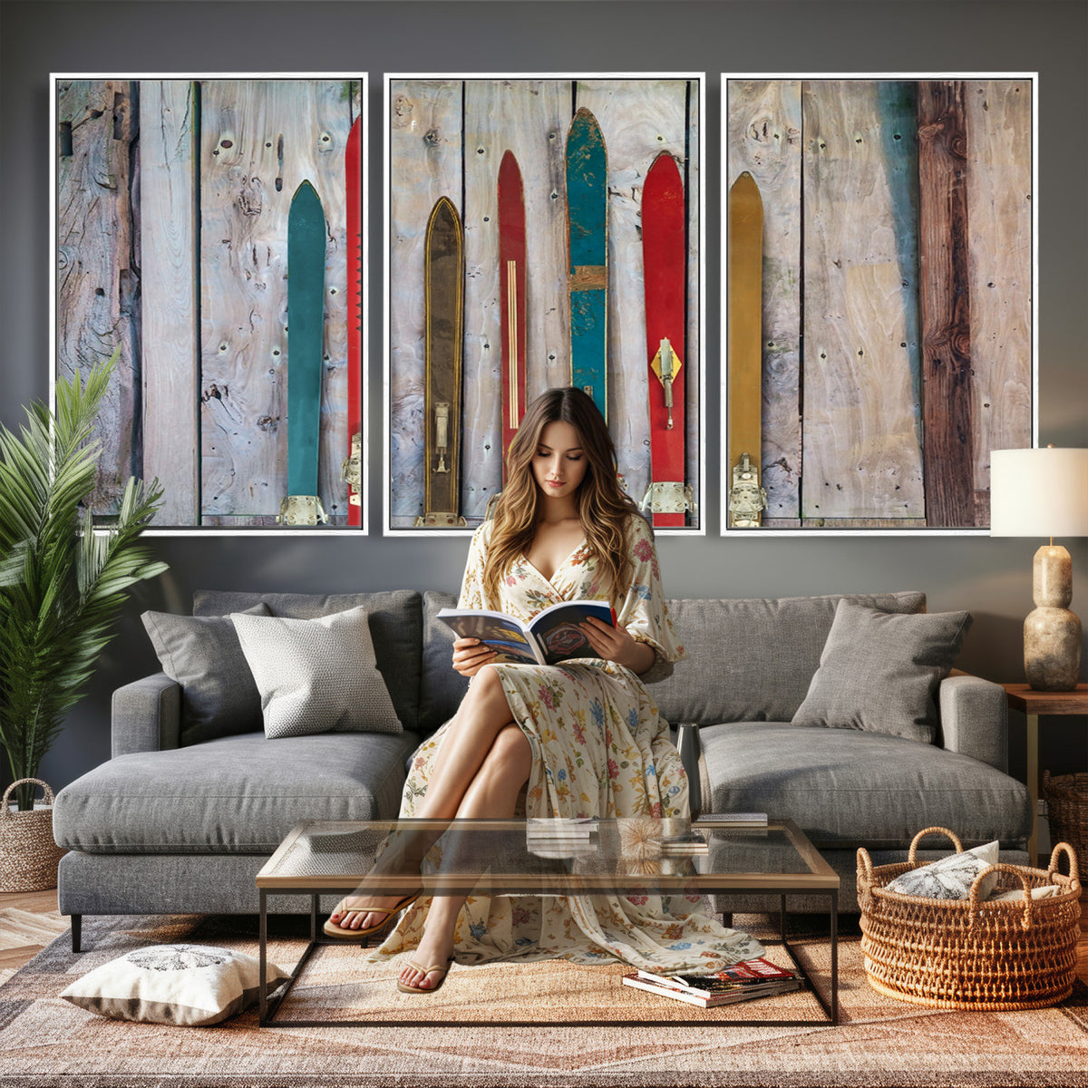 30640-MGV-CV-36X24 - Vintage Wooden Weathered Skis in Front of an Old Barn Wall Art Canvas Print