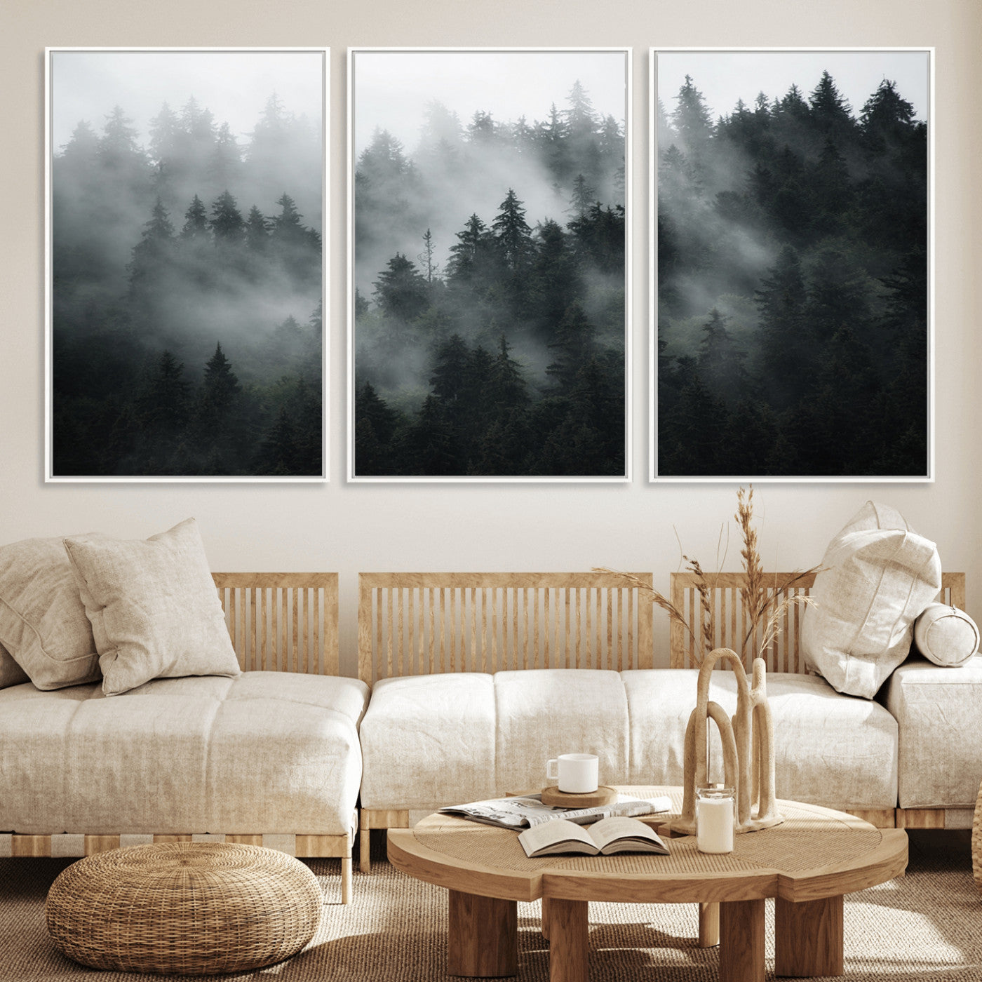 52359-MGV-CV-36X24-Foggy Forest Wall Art Canvas Print | 3 Panel Large Misty Landscape for Dining Room, Office, or Living Room | Ready to Hang Nature Deco