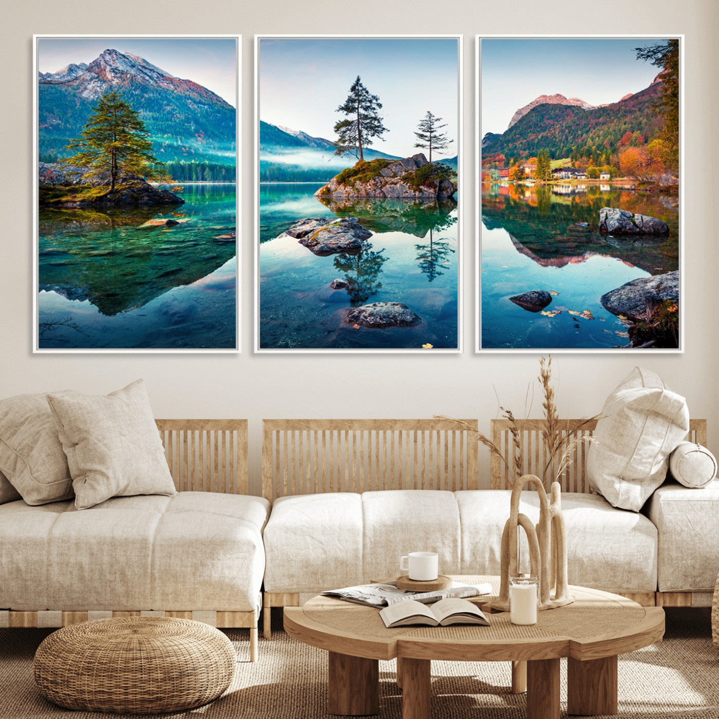 55009-MGV-FC-60X30-3P_White-Crystal Clear Lake Wall Art | Mountains Wall Art Canvas | 3 Panel Large Landscape Print for Dining