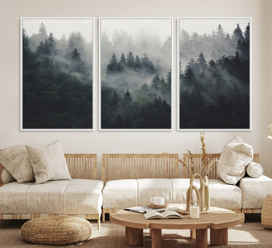 The Serene Triptych Print features tall evergreens, creating a mysterious and calming atmosphere.