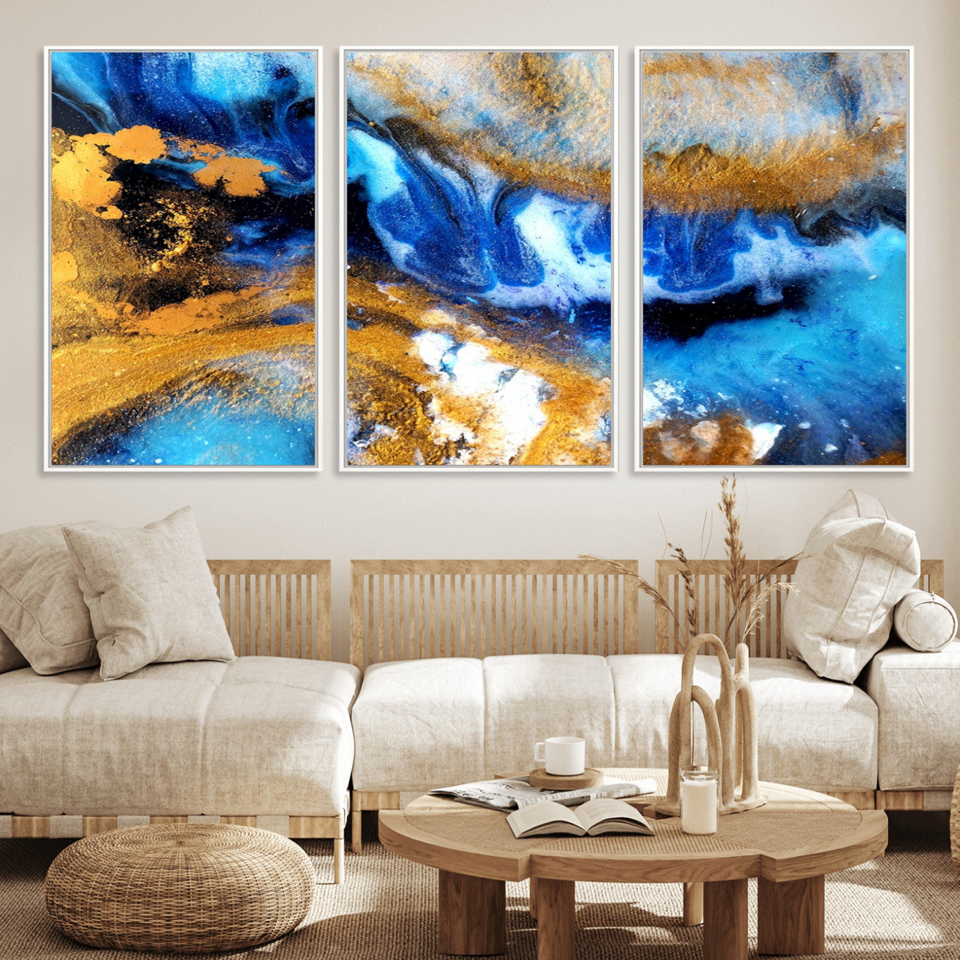 42100-MGV-CV-36X24-Blue Orange Marble Fluid Effect Canvas Wall Art Print