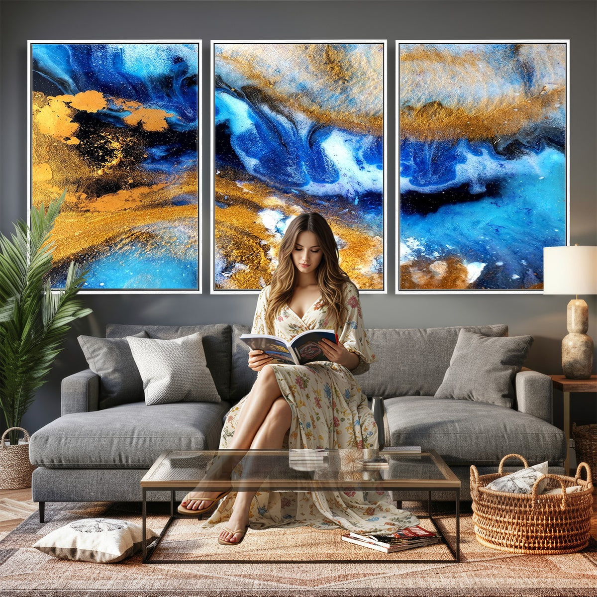 42100-_Poster-30x20 - Large Abstract Wall Art Print | Gold and Blue Abstract Canvas Wall Art