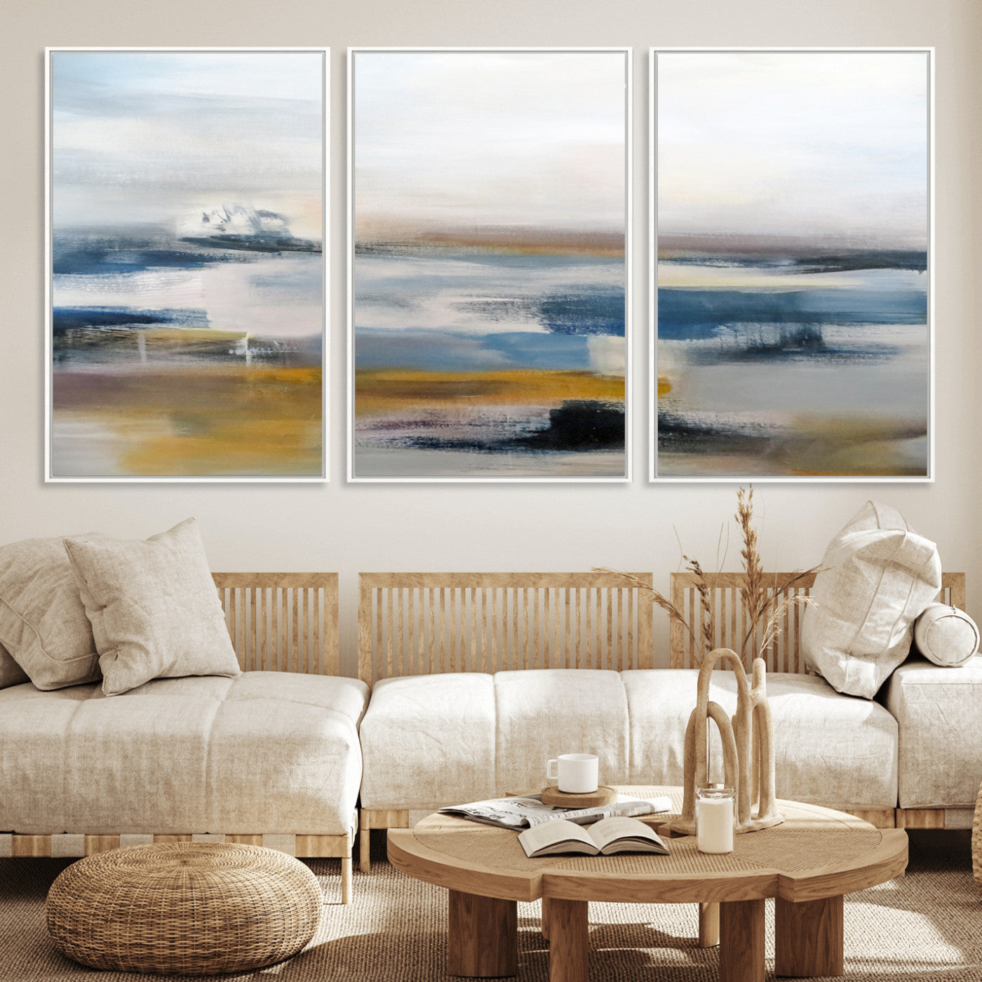MGV-FC-60X30-3P - Abstract Landscape Wall Art Canvas | 3 Panel Modern Blue, Gold, and White Canvas Art for Living