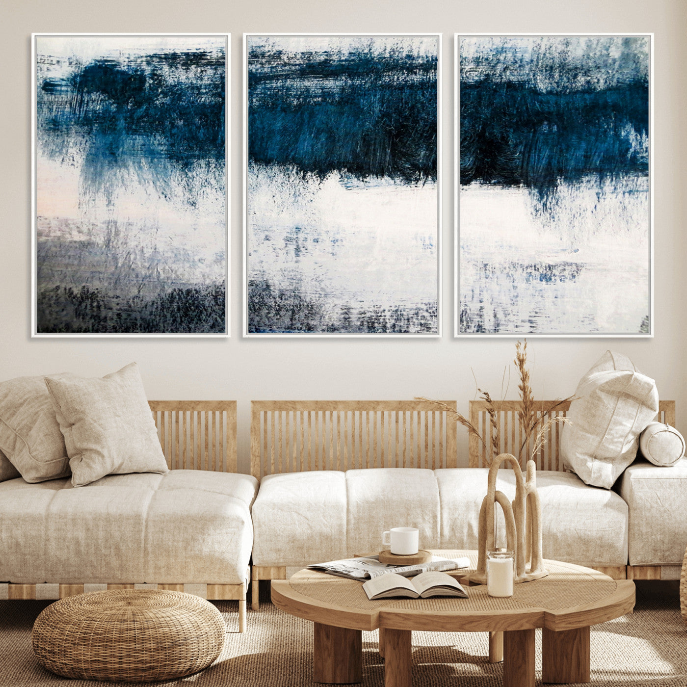 38954-MGV-FC-60X30-3P_White-Abstract Blue and White Canvas Art | Large Wall Art for Modern Living Room Decor | Minimalist Brushstroke Painting on Canvas