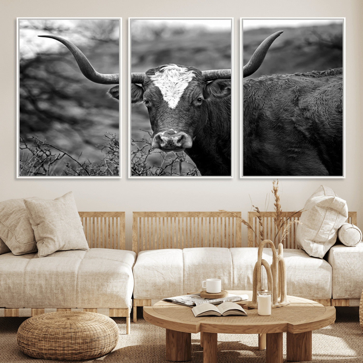 76200-MGV-CV-36X24-Western Home Wall Art Canvas Print, Framed Texas Longhorn Art Picture Print, Rustic Cow Perfect Rustic Farmhouse Decor Artwork