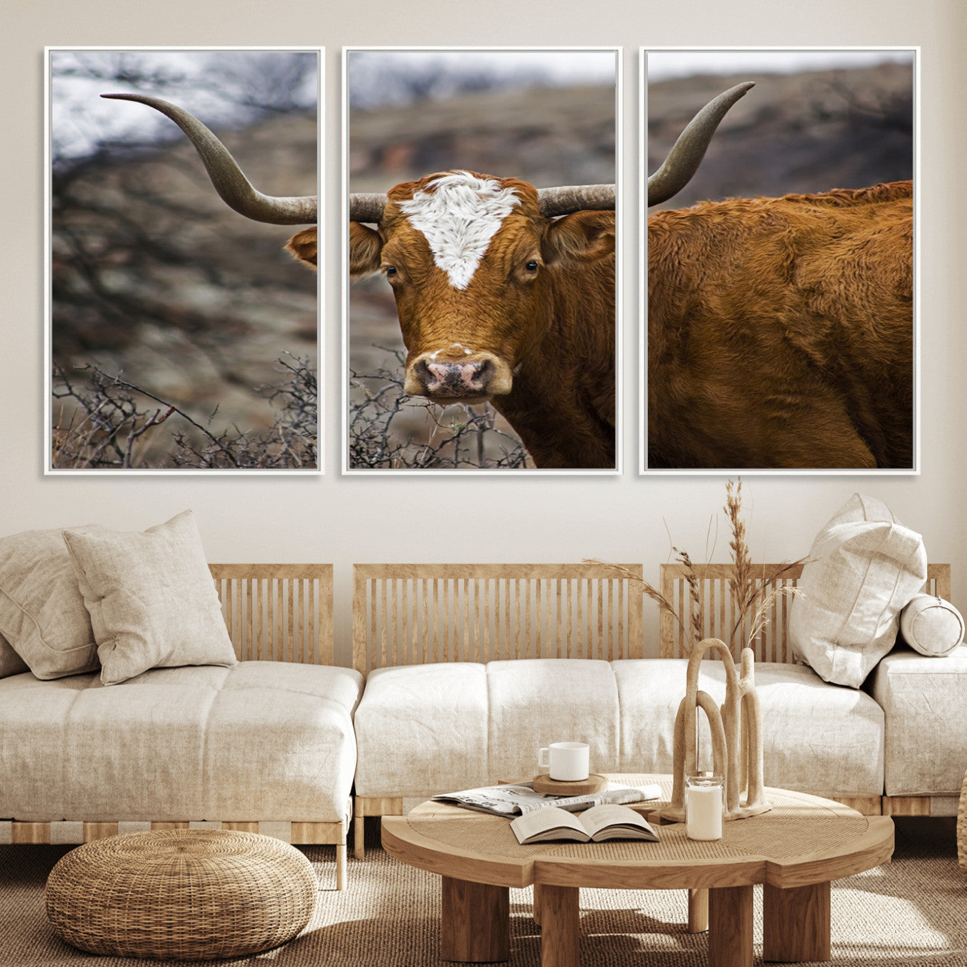 MGV-FC-60X30-3P - Texas Longhorn Canvas Wall Art - Longhorn Steer Canvas Wall Art Print- Rustic Western Animal Print,