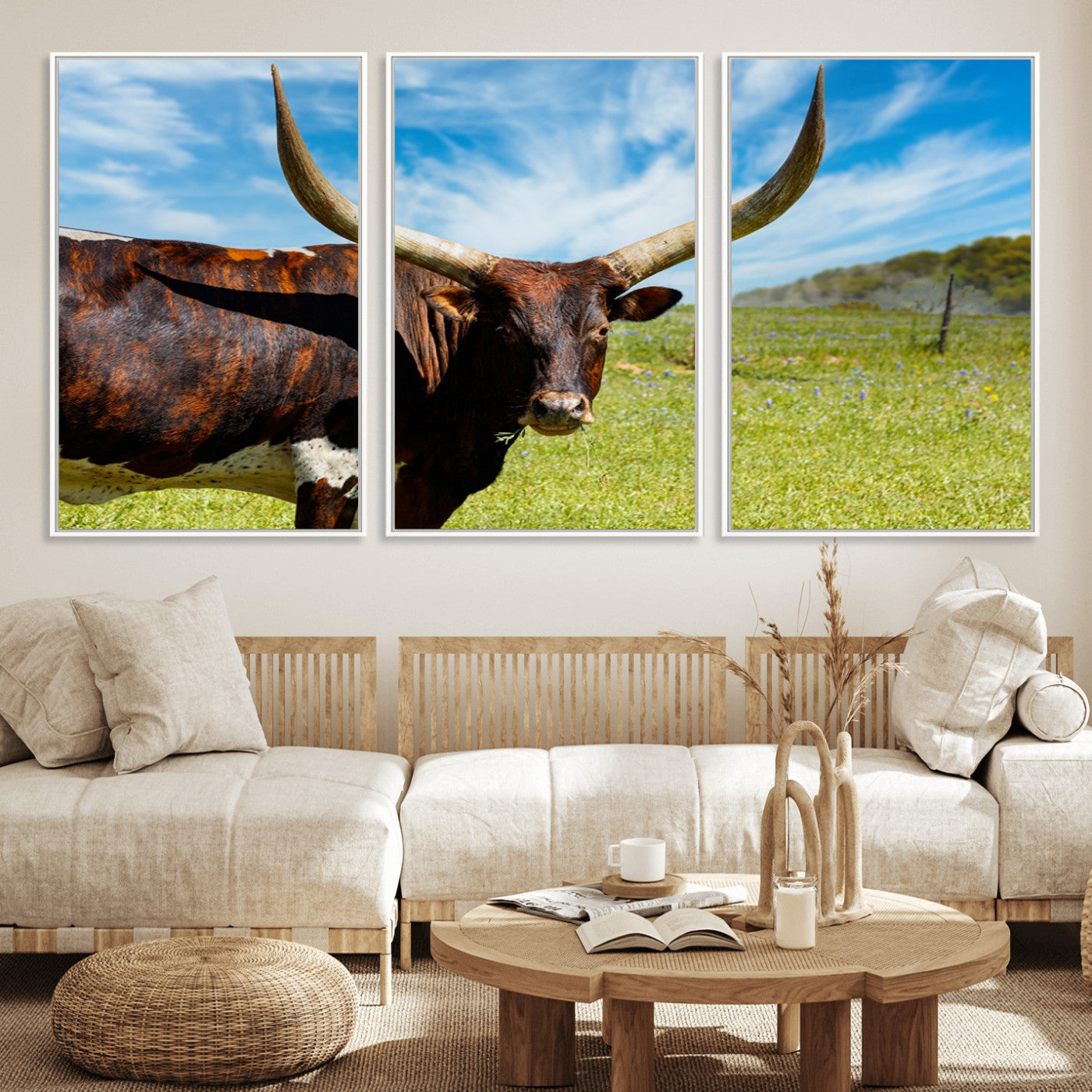 47037-MGV-CV-36X24-Longhorn and Cow Wall Art, Country Cow Wall Decor Canvas Print