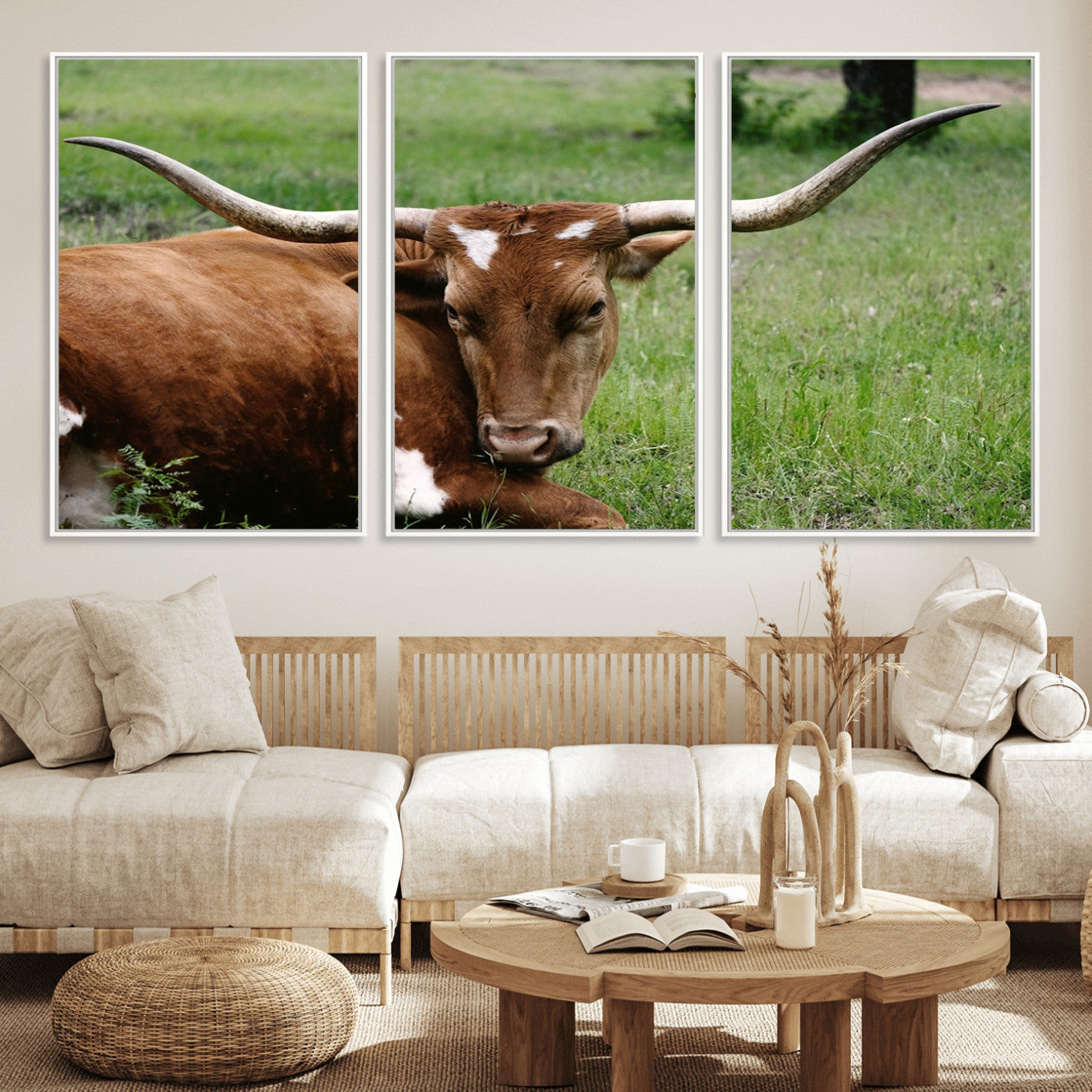 45997-MGV-CV-36X24-Longhorn Steer Canvas Wall Art – Rustic Nature Triptych Decor for Living Room or Office – Ready to Hang