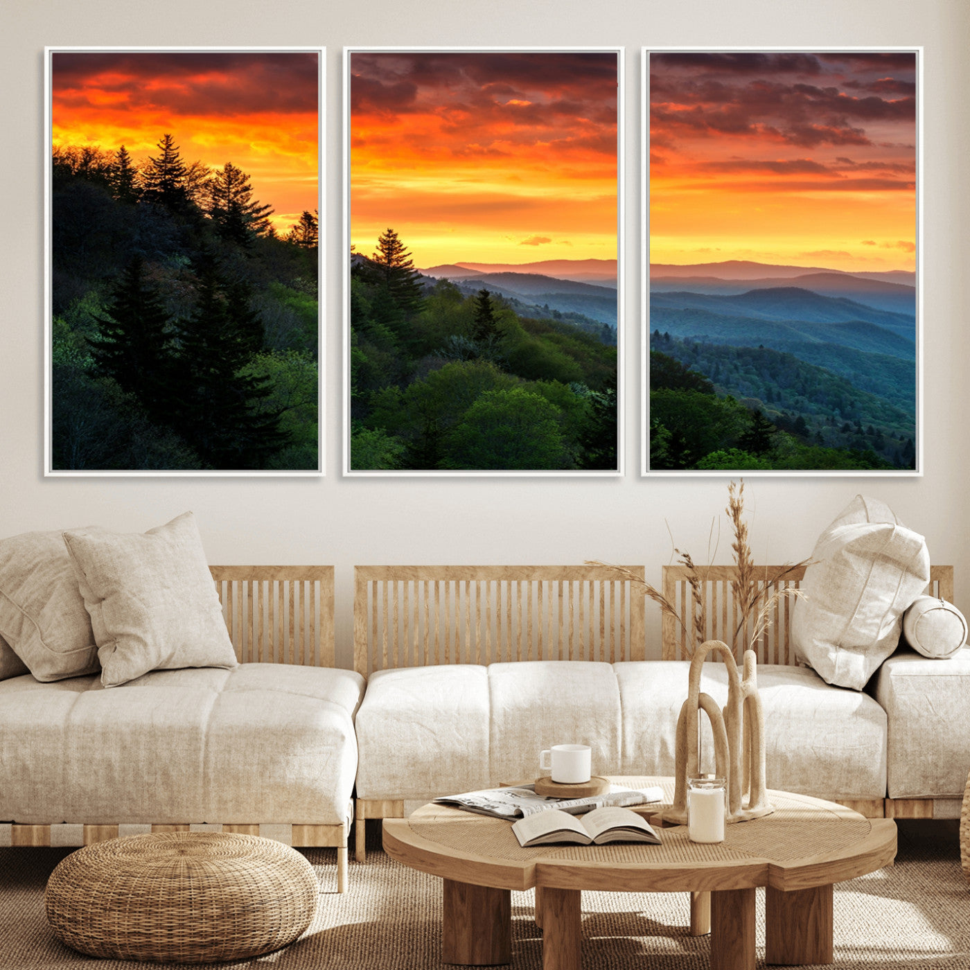 MGV-FC-60X30-3P - Great Smoky Mountains Sunset Wall Art Canvas Print | 3 Panel Large Nature Landscape Photography for