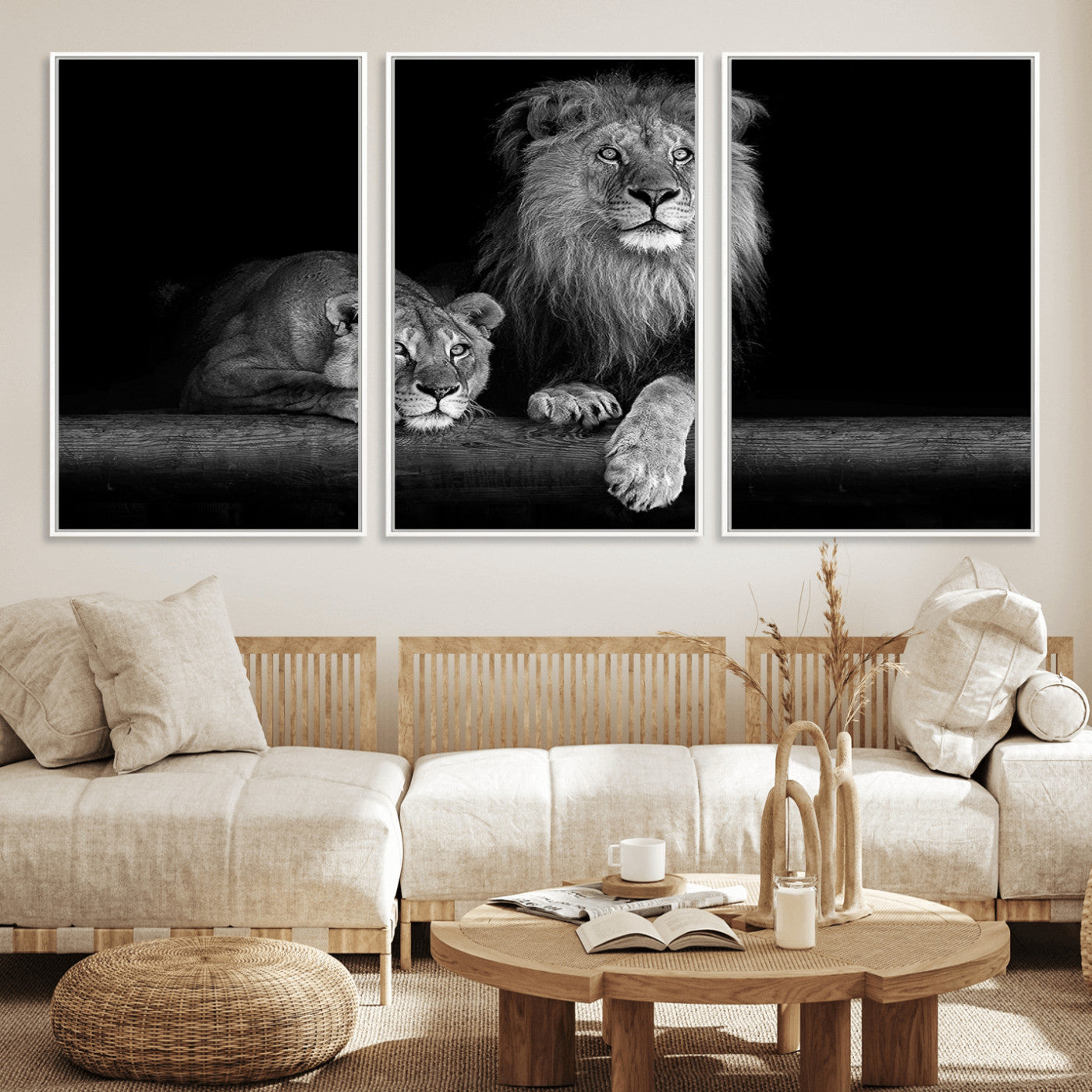 MGV-FC-60X30-3P - Large Black and White Lion Couple Wall Art Canvas Print