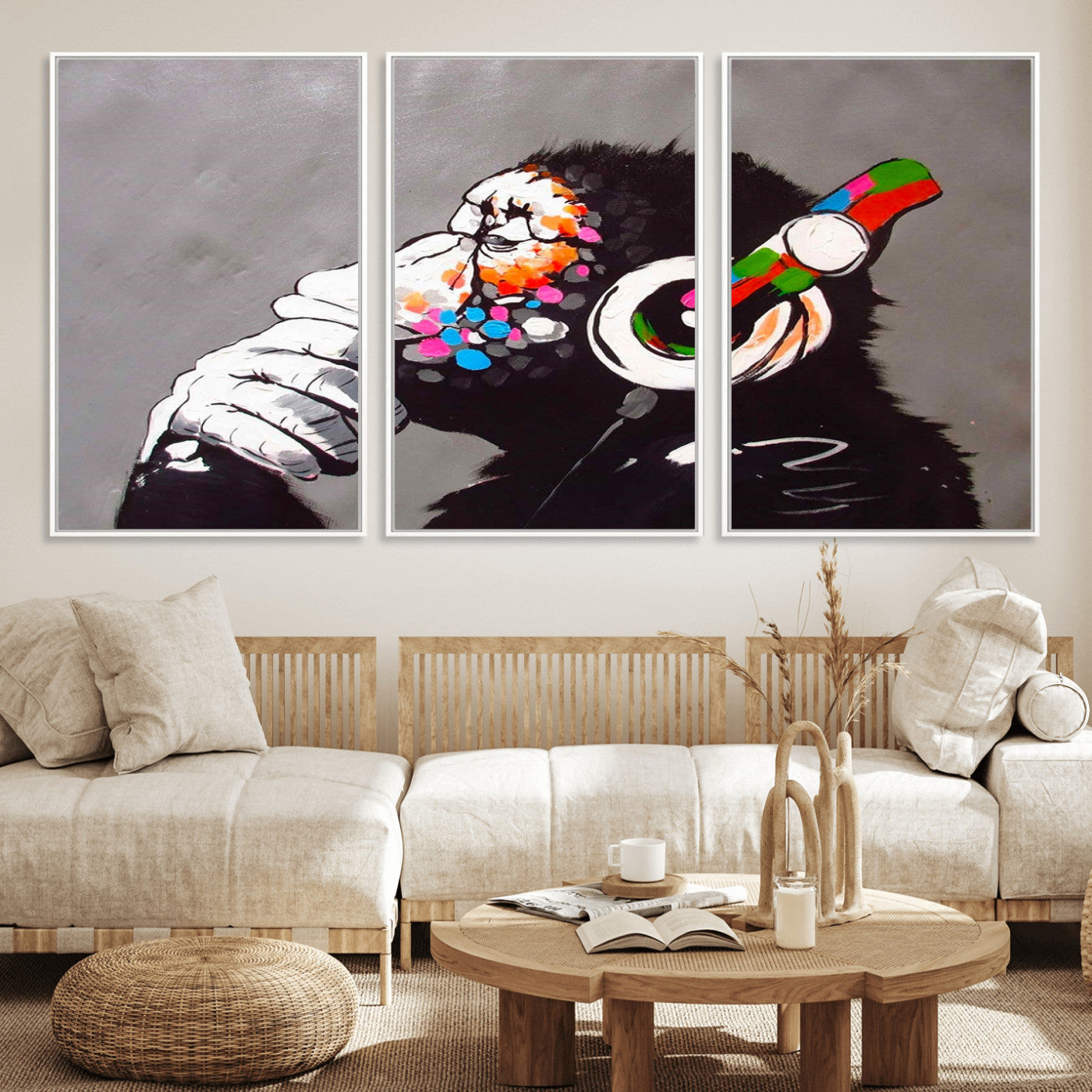 MGV-FC-60X30-3P - Dj Monkey Listening to Music Wall Art Print | Banksy Monkey Large Canvas Print for Living Room,