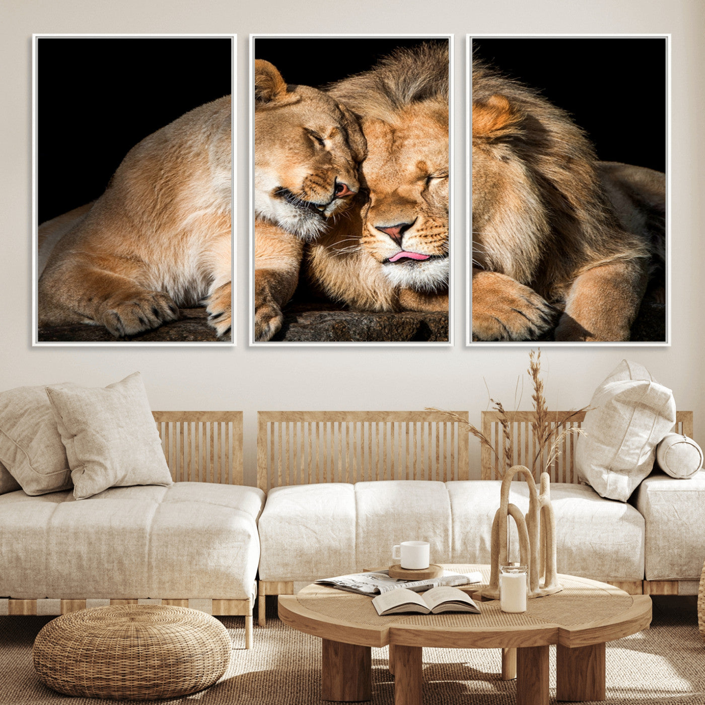 MGV-FC-60X30-3P - Lion and Lioness Wall Art Print Canvas | 3-Panel African Wildlife Canvas Print | Animal-Themed Art