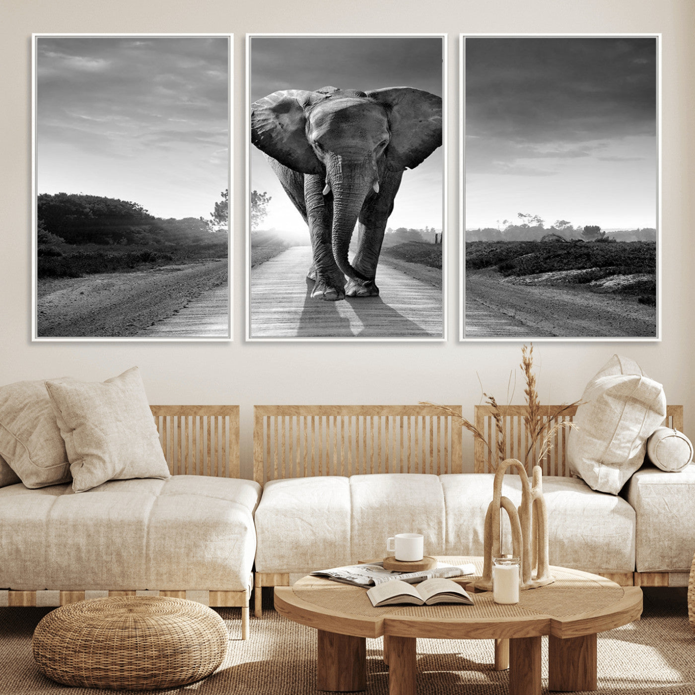 MGV-FC-60X30-3P - Black and White Elephant Wall Art Canvas Print