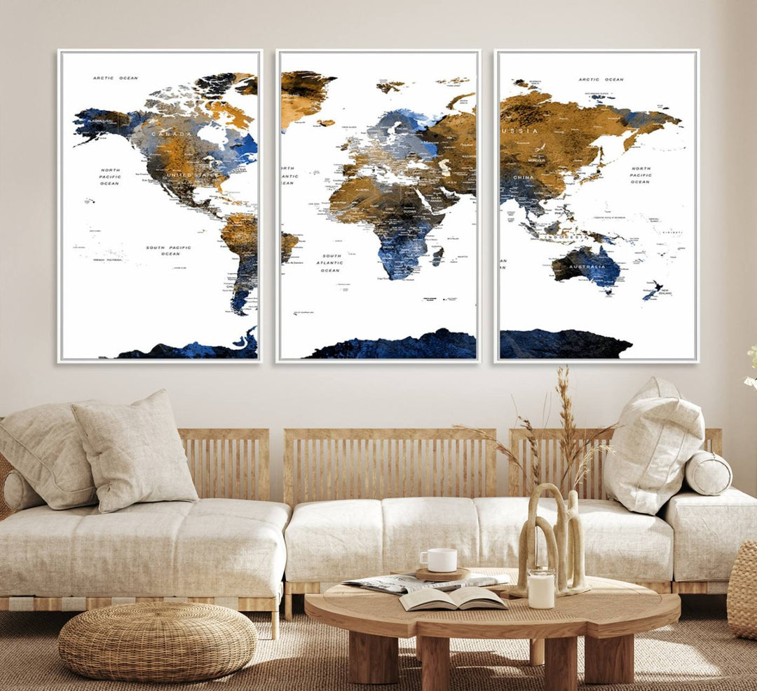The Triptych Modern World Map Canvas in blue and brown is an ideal global decor piece for enhancing living rooms or offices. It comes ready to hang.