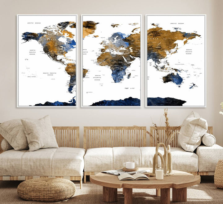 The Triptych Modern World Map Canvas in blue and brown is an ideal global decor piece for enhancing living rooms or offices. It comes ready to hang.