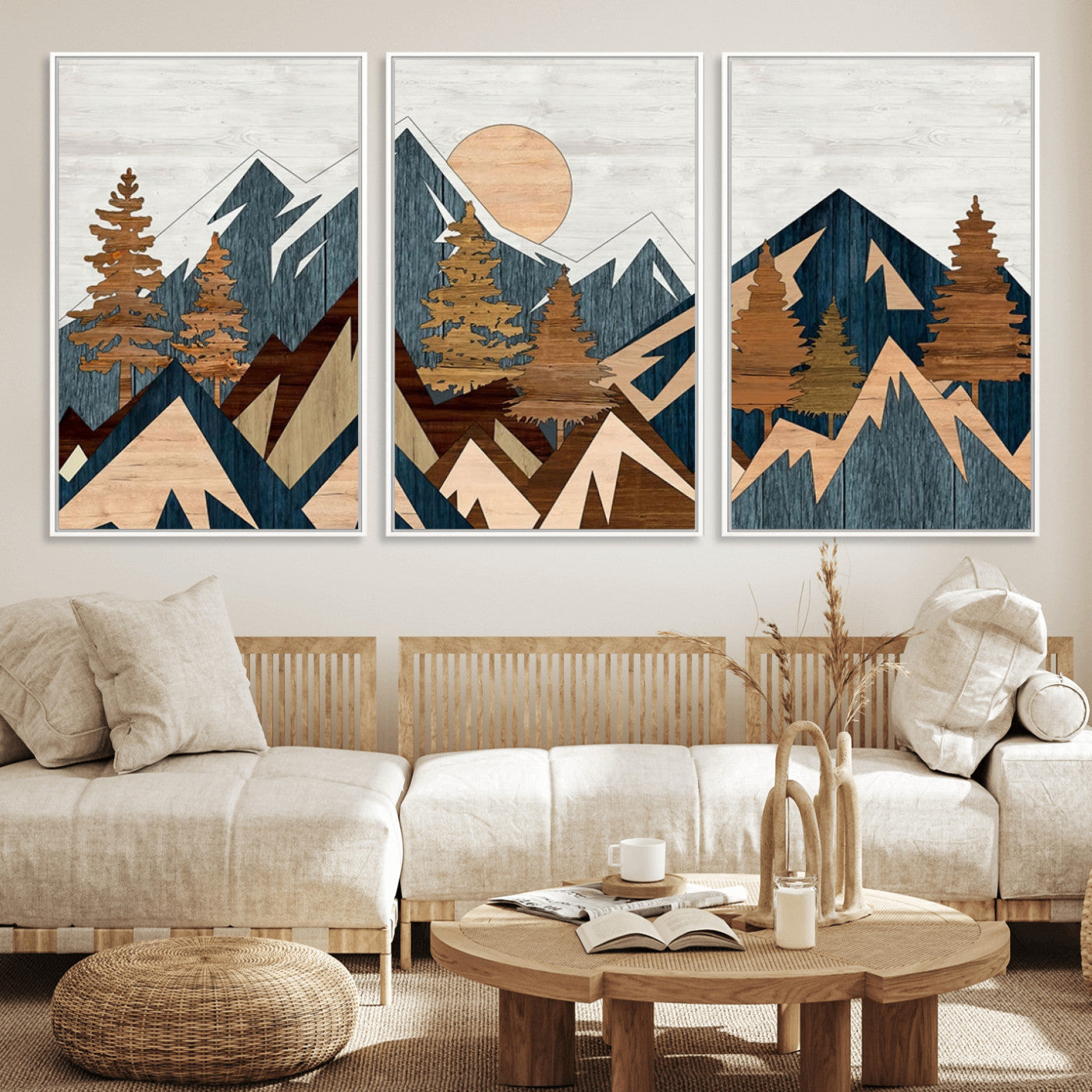 91467-MGV-FC-60X30-3P_White-Abstract Wood Panel Effect Mountain Range Top Wall Art Canvas Print