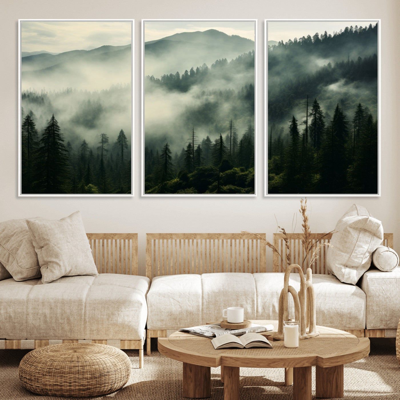 25295-MGV-FC-60X30-3P_White-Captivating Misty Forest Wall Art Premium Canvas Print a Foggy and Serene Atmosphere