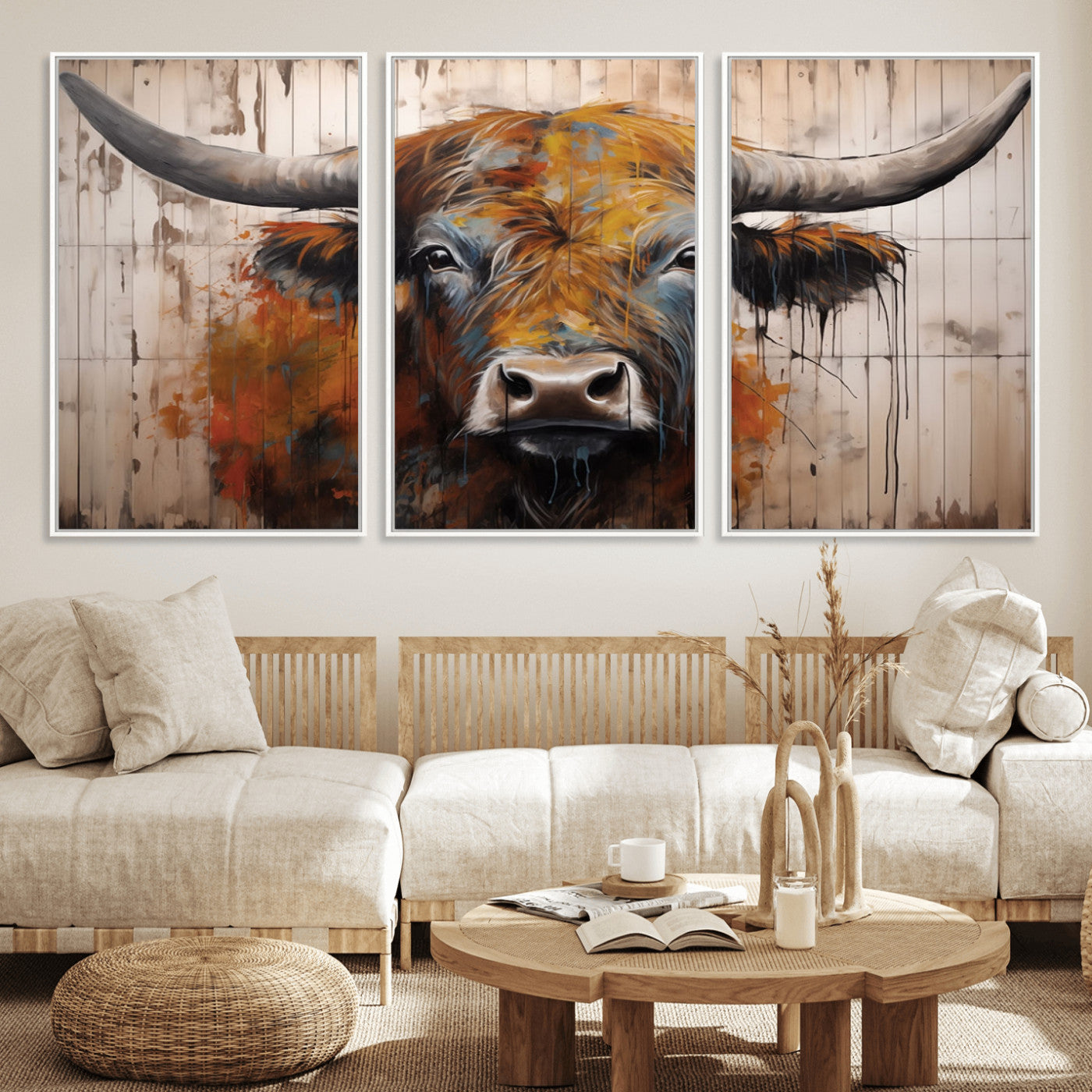 MGV-FC-60X30-3P - Scottish Highland Cow Cattle Art Print on Wood Style Background