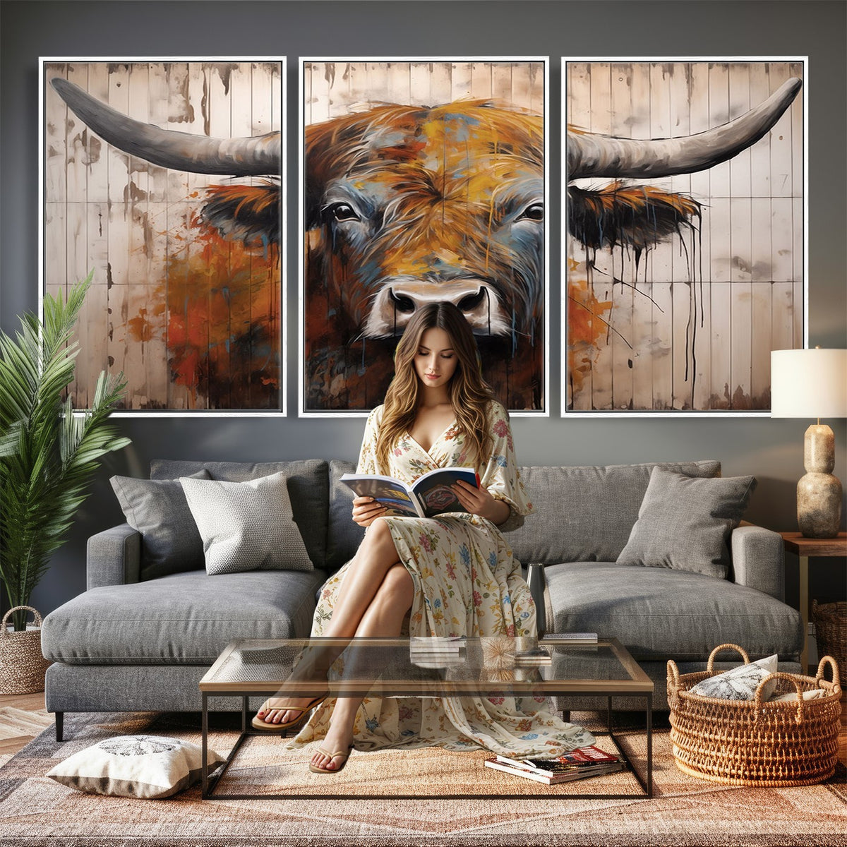 47284-MGV-CV-24X16 - Abstract Bull Highland Cow Canvas Wall Art Print