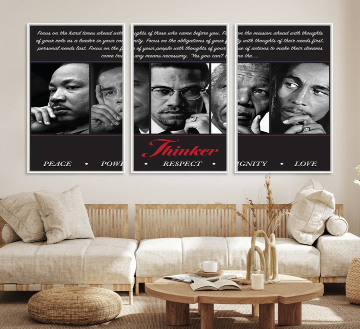 The Thinker Quintet Canvas Wall Art features portraits of Martin, Obama, Malcolm X, Mandela, and Marley, each representing virtues such as Peace and Power.