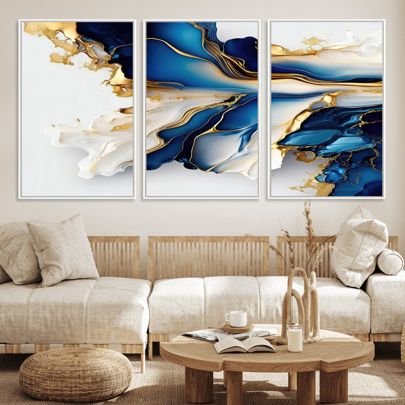 MGV-FC-60X30-3P - Gold Marble Art - Abstract Geode Gold And Blue Marble Shape 3 Pieces Wall Art Canvas Print