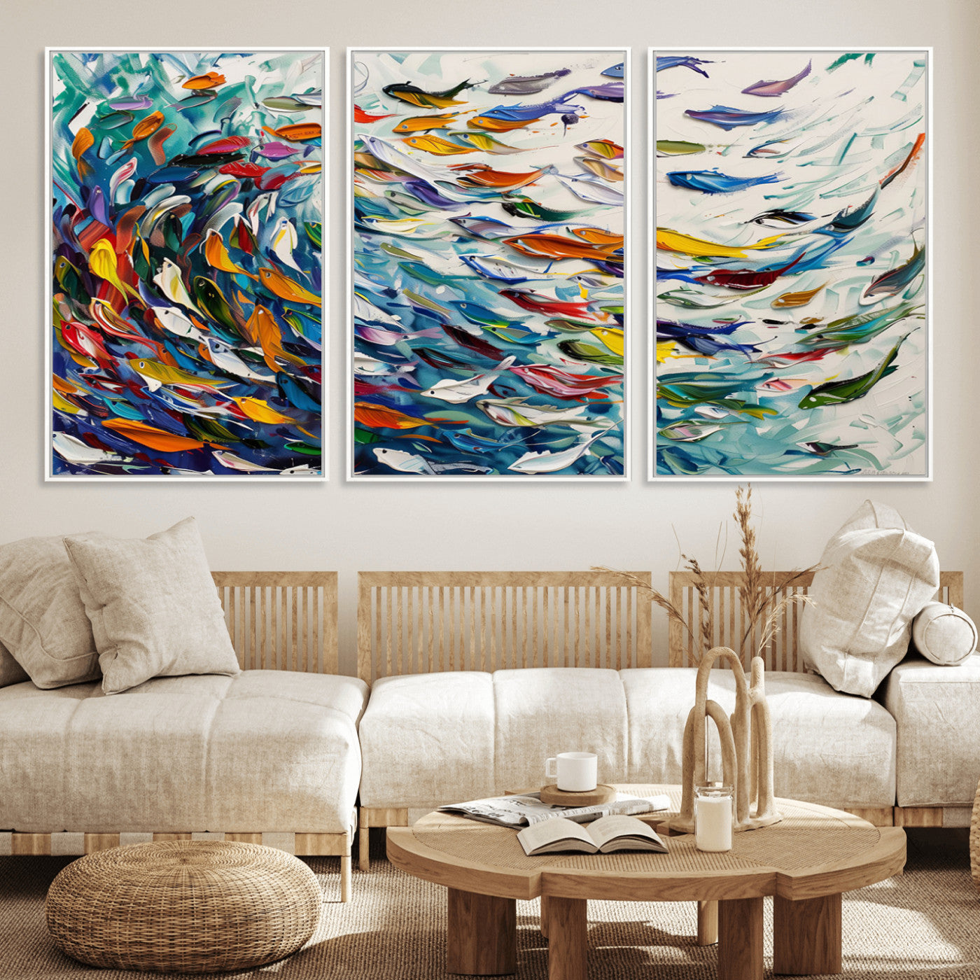 MGV-FC-60X30-3P - Modern Abstract Fish Shoal Wall Art Canvas Print, Colorful Fish Herd Painting on Canvas Print, Ocean