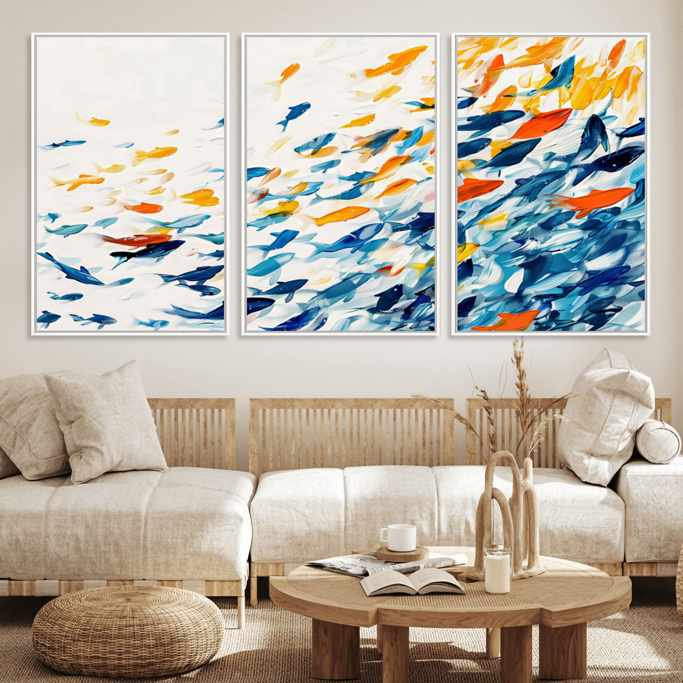 MGV-FC-60X30-3P - Abstract Fish Shoal Wall Art Canvas Print, Colorful Fish Herd Painting on Canvas Print, Ocean Animal