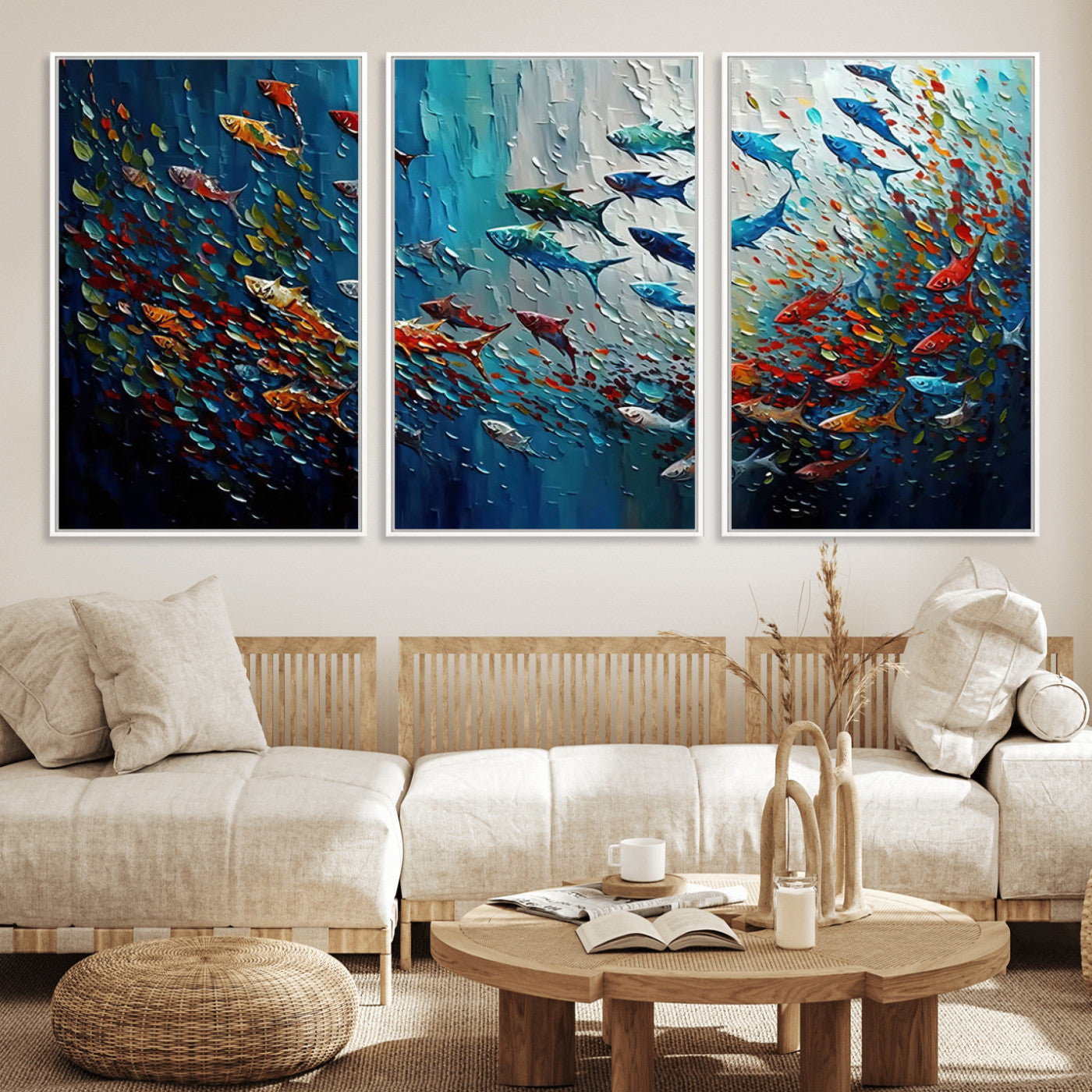 MGV-FC-60X30-3P - Modern Abstract Fish Shoal Wall Art Canvas Print, Colorful Fish Herd Painting on Canvas Print, Ocean