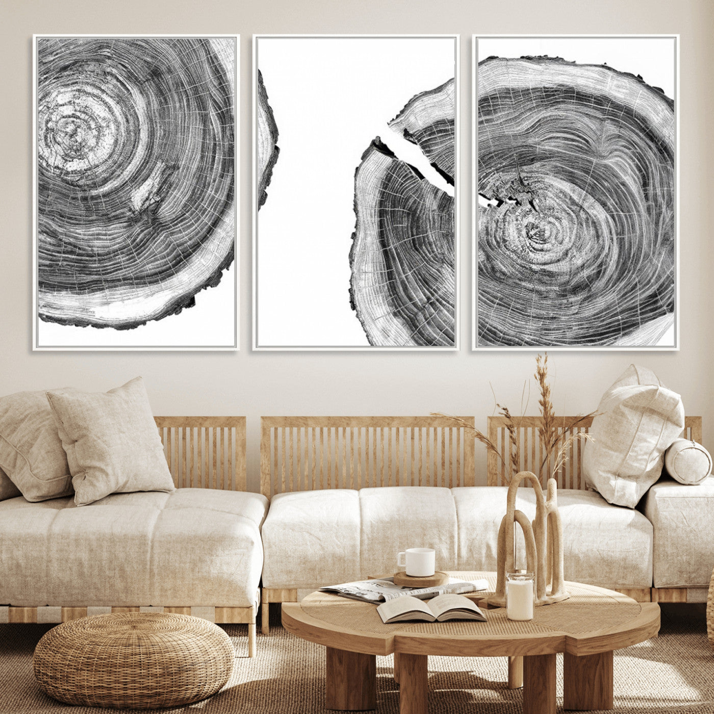 MGV-FC-60X30-3P - Modern Black and White Tree Rings Canvas Wall Art – Nature Inspired Wood Slice Print – Minimalist