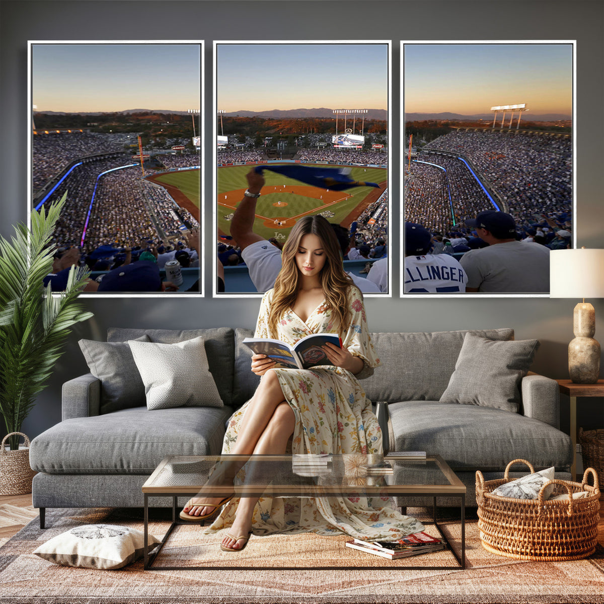60162-MGV-CV-36X24 - Dodger Stadium Sunset Game Triple Canvas Wall Art, Los Angeles Dodgers MLB Match