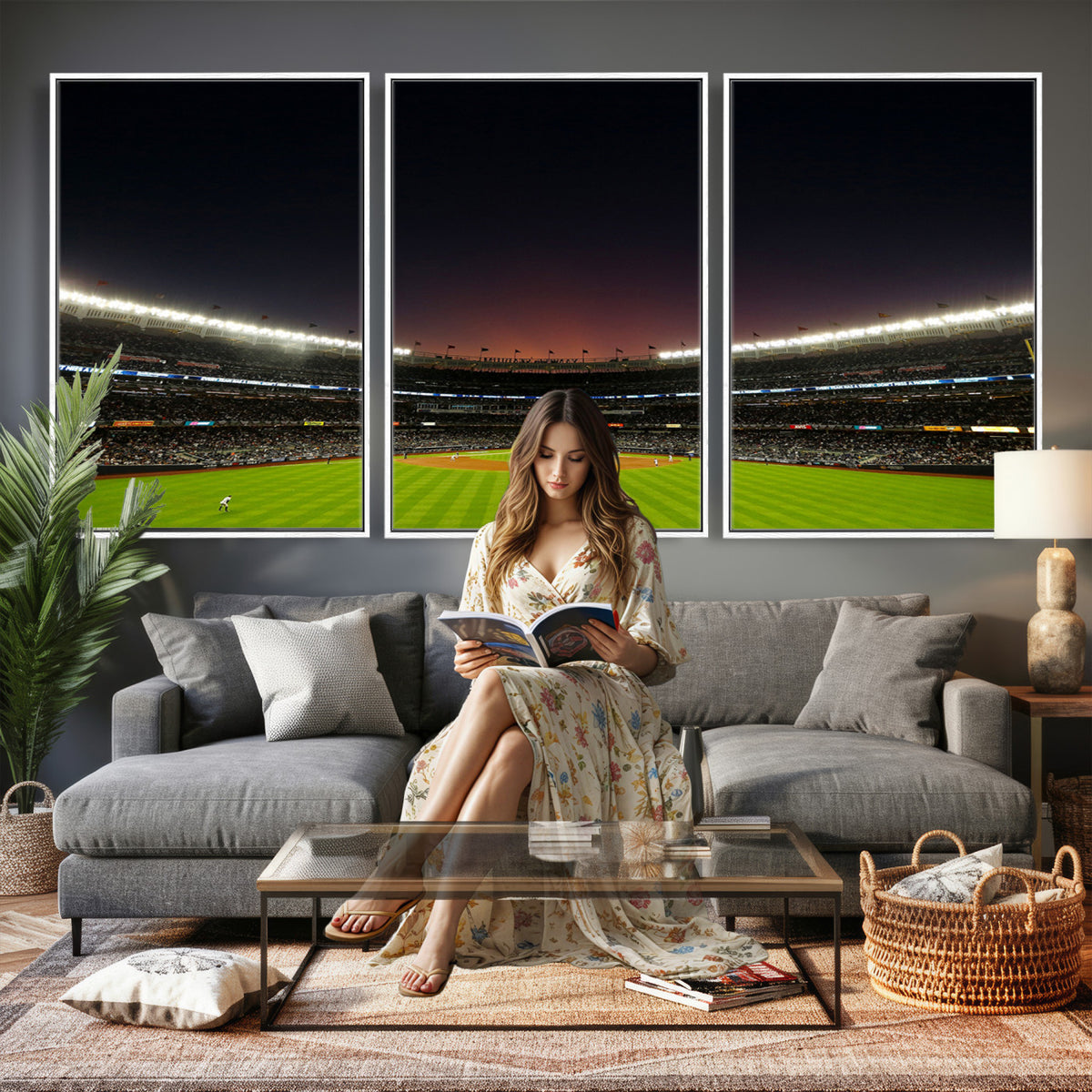 59138-MGV-CV-36X24 - Yankee Stadium Night Game Triple Canvas, New York Yankees Stadium Wall Art