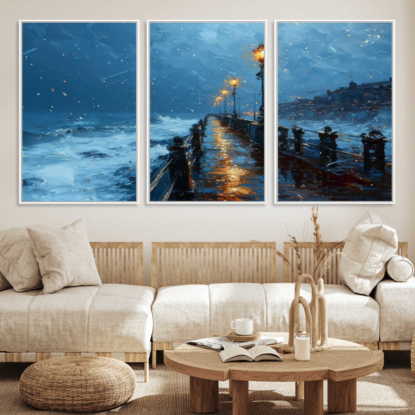 MGV-FC-60X30-3P - Stormy Night at Beach Pier Oil Painting Large Wall Art Print, Framed Canvas Nature Wall Decor,
