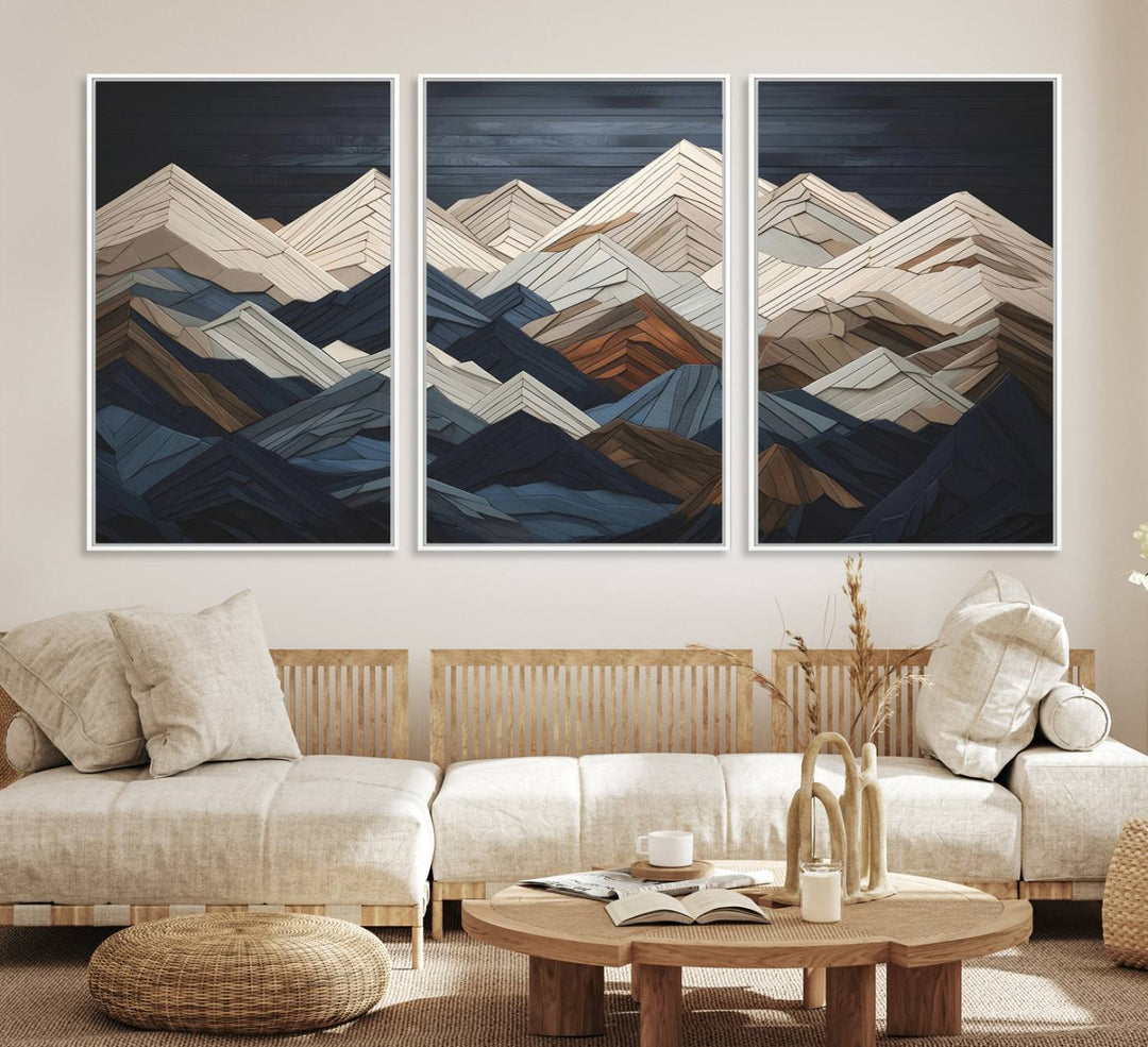 Abstract wood mountain range wall art in a 3-piece set featuring shades of blue, brown, and cream, ideal for modern rustic decor.