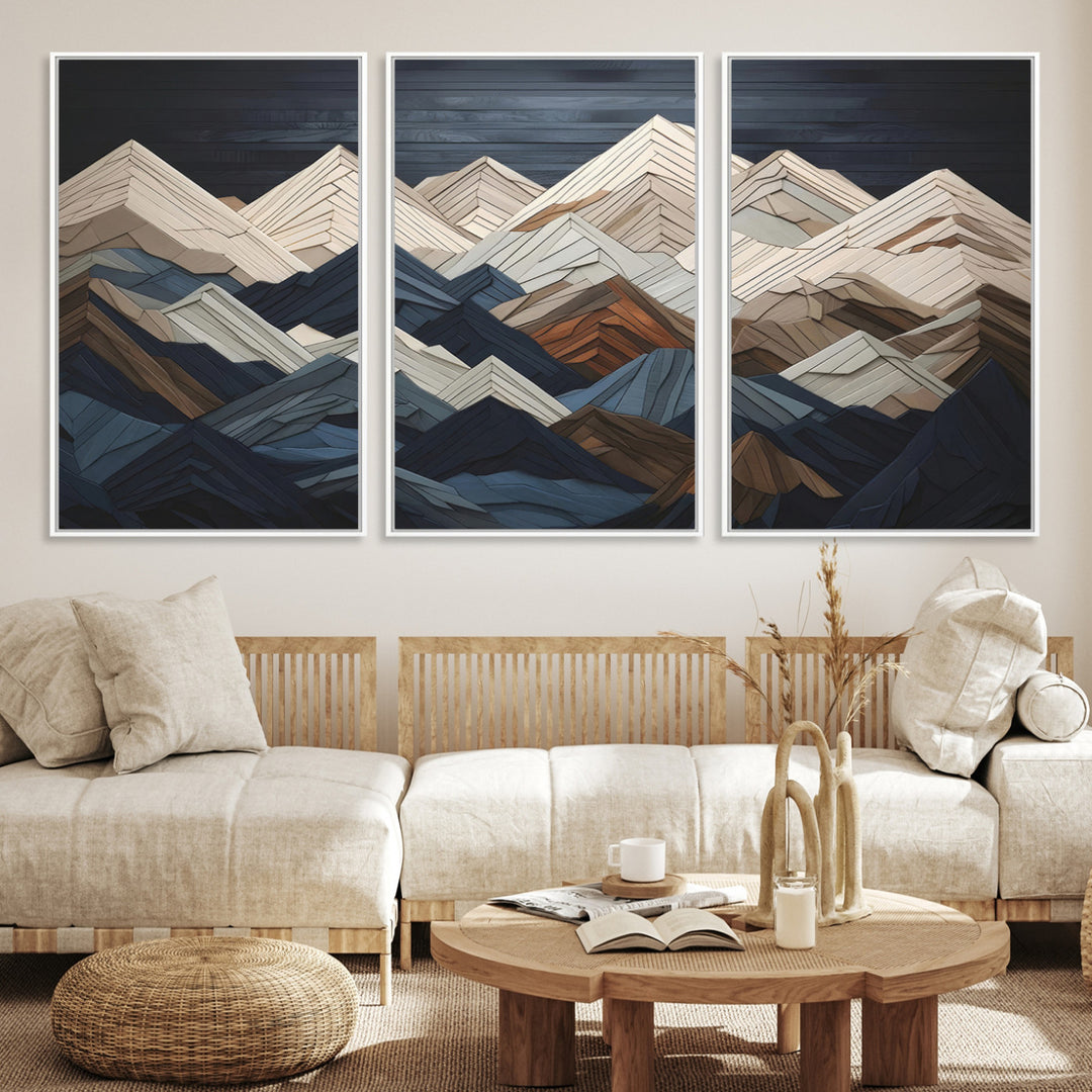 Rustic Mountain Landscape Wall Art Print - Wooden 3D Effect Mountain Canvas Print - Textured Peaks Wall Art for Cabin or Lodge Decor