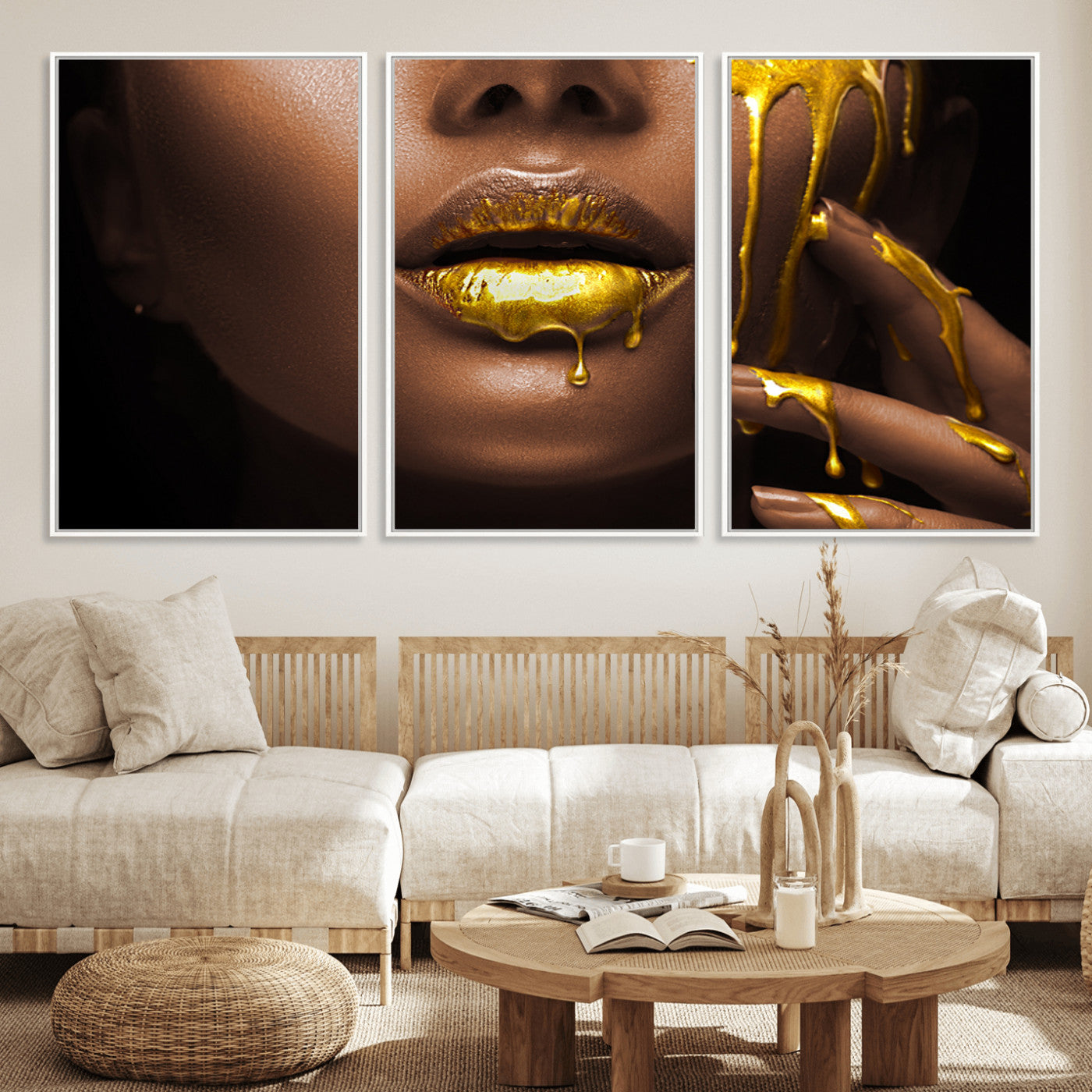 MGV-FC-60X30-3P - African American Art Black Woman Canvas Print, African Wall Art, Fashion African Woman Gold Lips