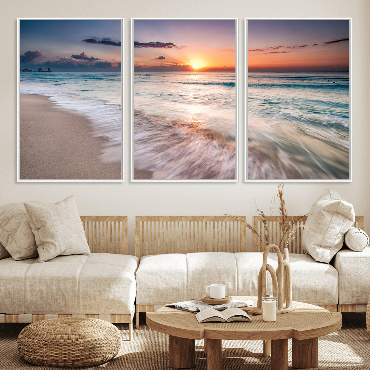 MGV-FC-60X30-3P - Sunset Beach Wall Art – Soothing Coastal Landscape, Ready to Hang for Tranquil Home Decor