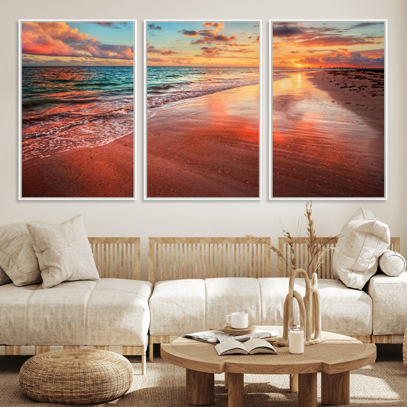 MGV-FC-60X30-3P - Sunset Beach Wall Art | Ocean Canvas Print | Coastal Wall Art | Tranquil Sunset Canvas Print