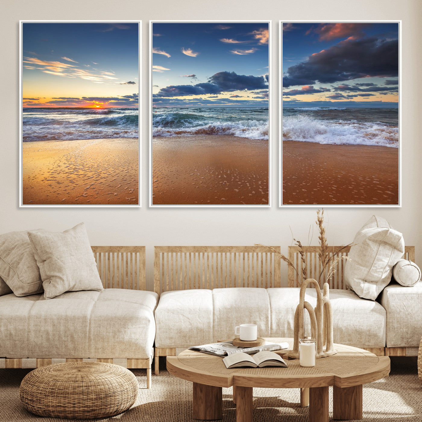 MGV-FC-60X30-3P - Beach Canvas Wall Art - Coastal Seascape Print for Living Room or Bedroom, Ocean Waves on Sand,