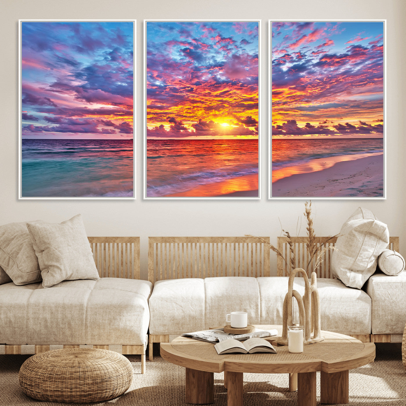 MGV-FC-60X30-3P - Vibrant Sunset Beach Wall Art - Ocean Sunset Canvas Print | Coastal Wall Art Decor Stunning Sunset