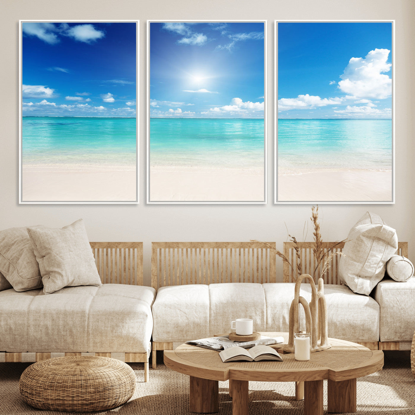 MGV-FC-60X30-3P - Blue Ocean Wall Art Canvas Print - Tranquil Ocean Paradise Triptych Wall Art - Ready to Hang Beach