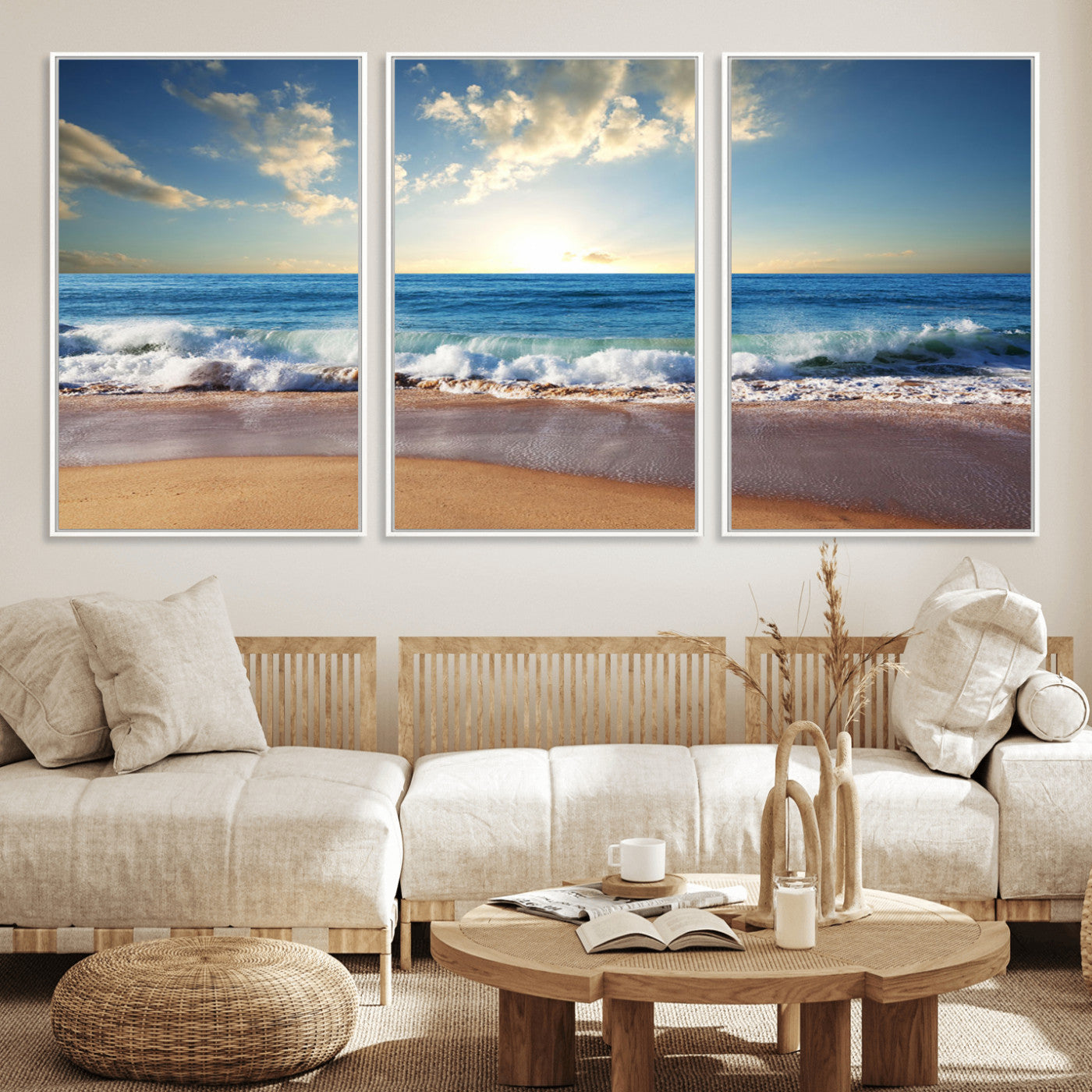 MGV-FC-60X30-3P - Serene Ocean Sunset Canvas Wall Art - Beach Waves at Sunset, Ready to Hang