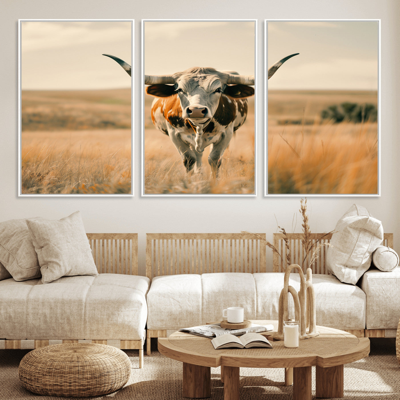 16580-MGV-CV-36X24-Texas Cow Longhorn Wall Art Canvas Print for Farm House Wall Decor, Farmhouse Cow Print Canvas Wall Art Print