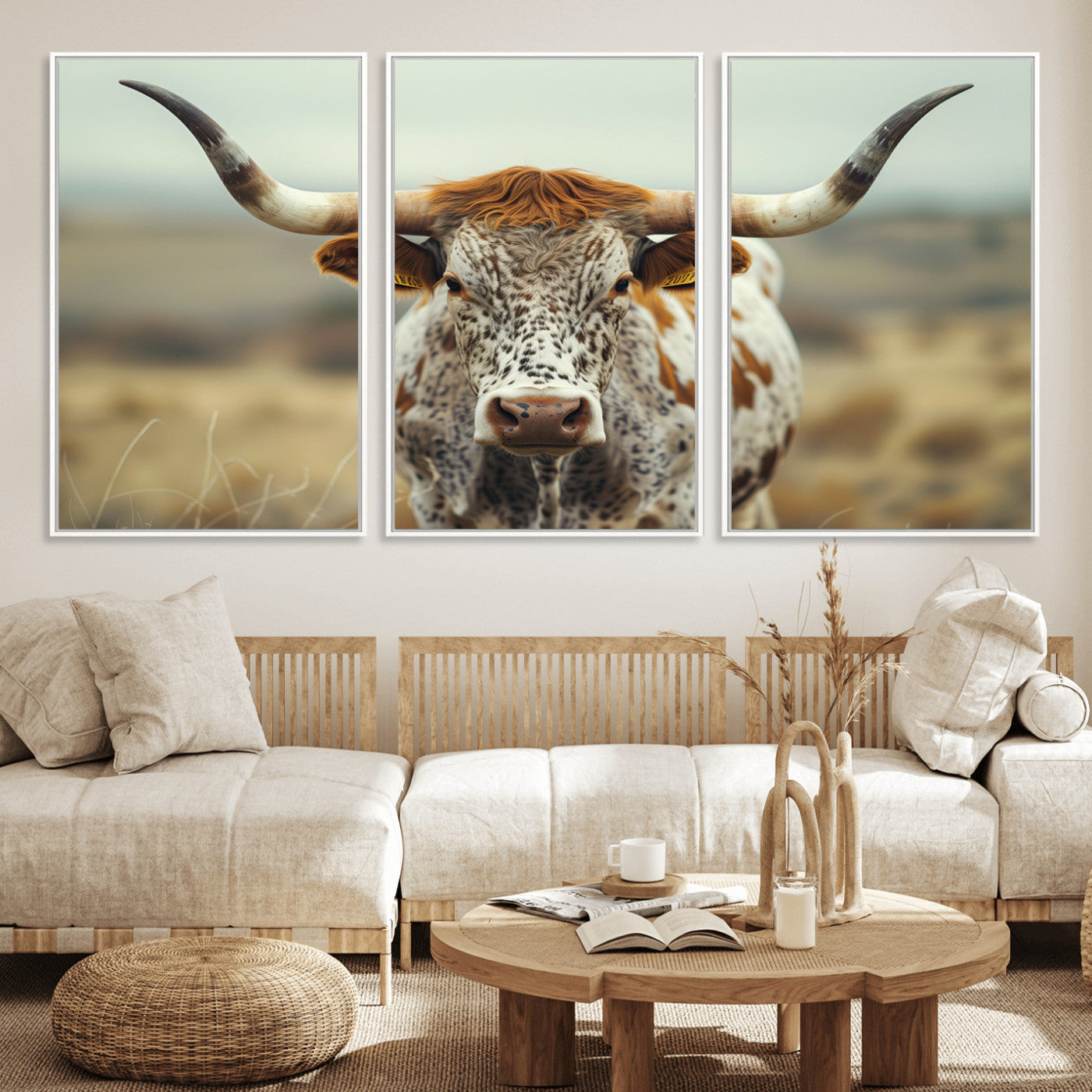MGV-FC-60X30-3P - Texas Cow Longhorn Wall Art Canvas Print for Farm House Wall Decor, Farmhouse Wall Art Print