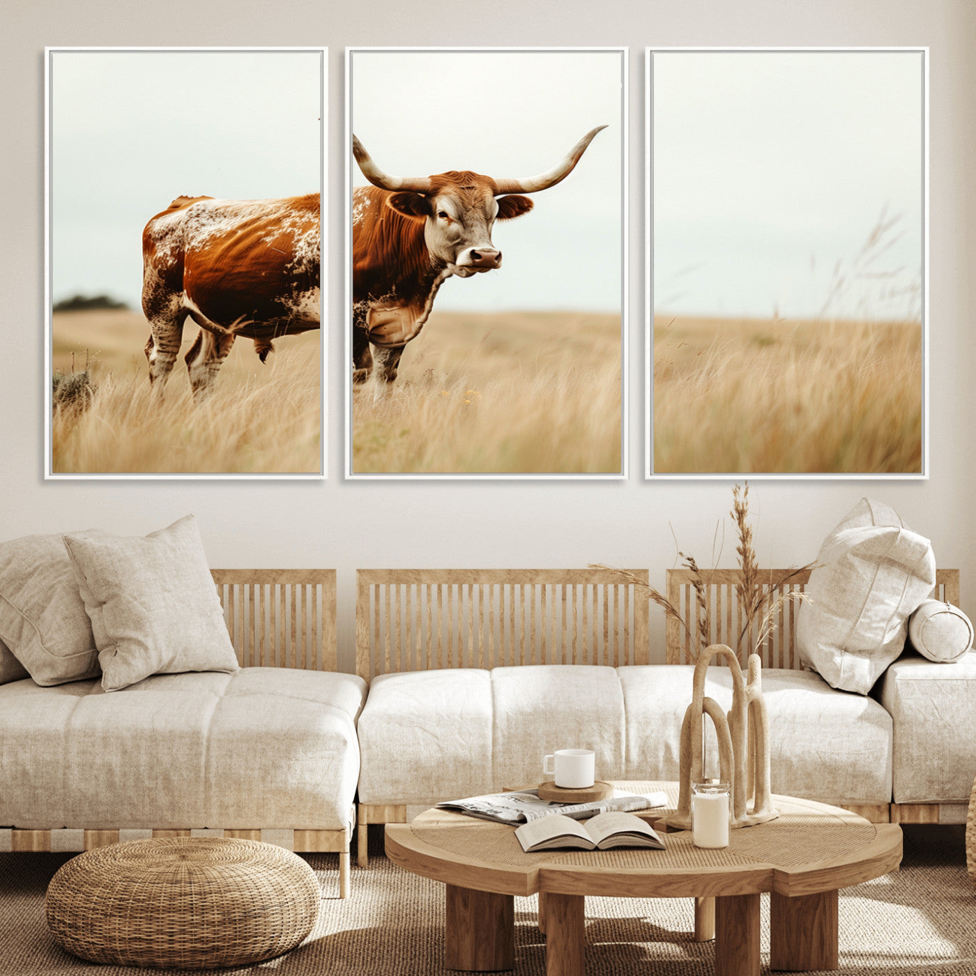 MGV-FC-60X30-3P - Texas Longhorn Canvas Wall Art Print – Majestic Western Cattle in Rustic Farmhouse Decor – Cow Wall
