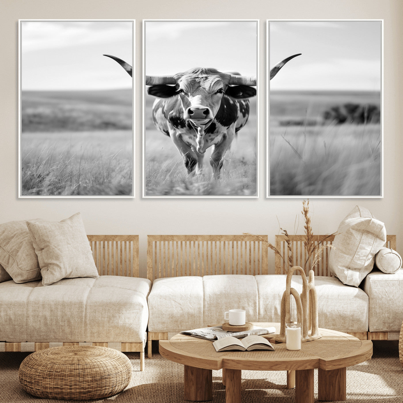MGV-FC-60X30-3P - Texas Cow Longhorn Wall Art Canvas Print for Farm House Wall Decor, Farmhouse Wall Art Print